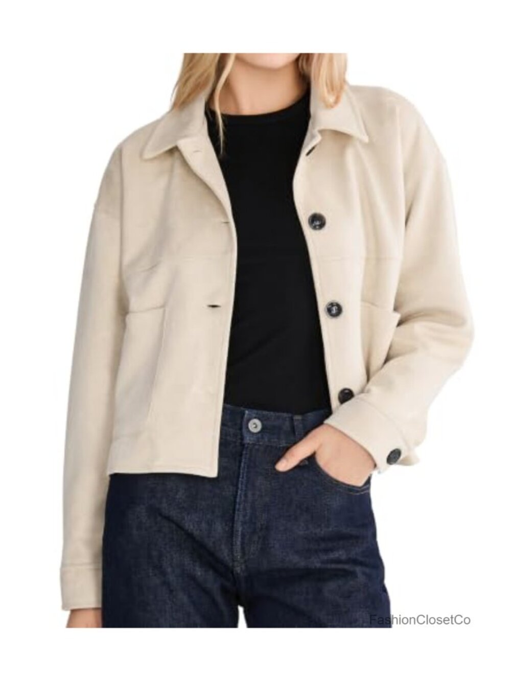 Faux Suede Cropped Jacket Relaxed Fit Button Front Pockets